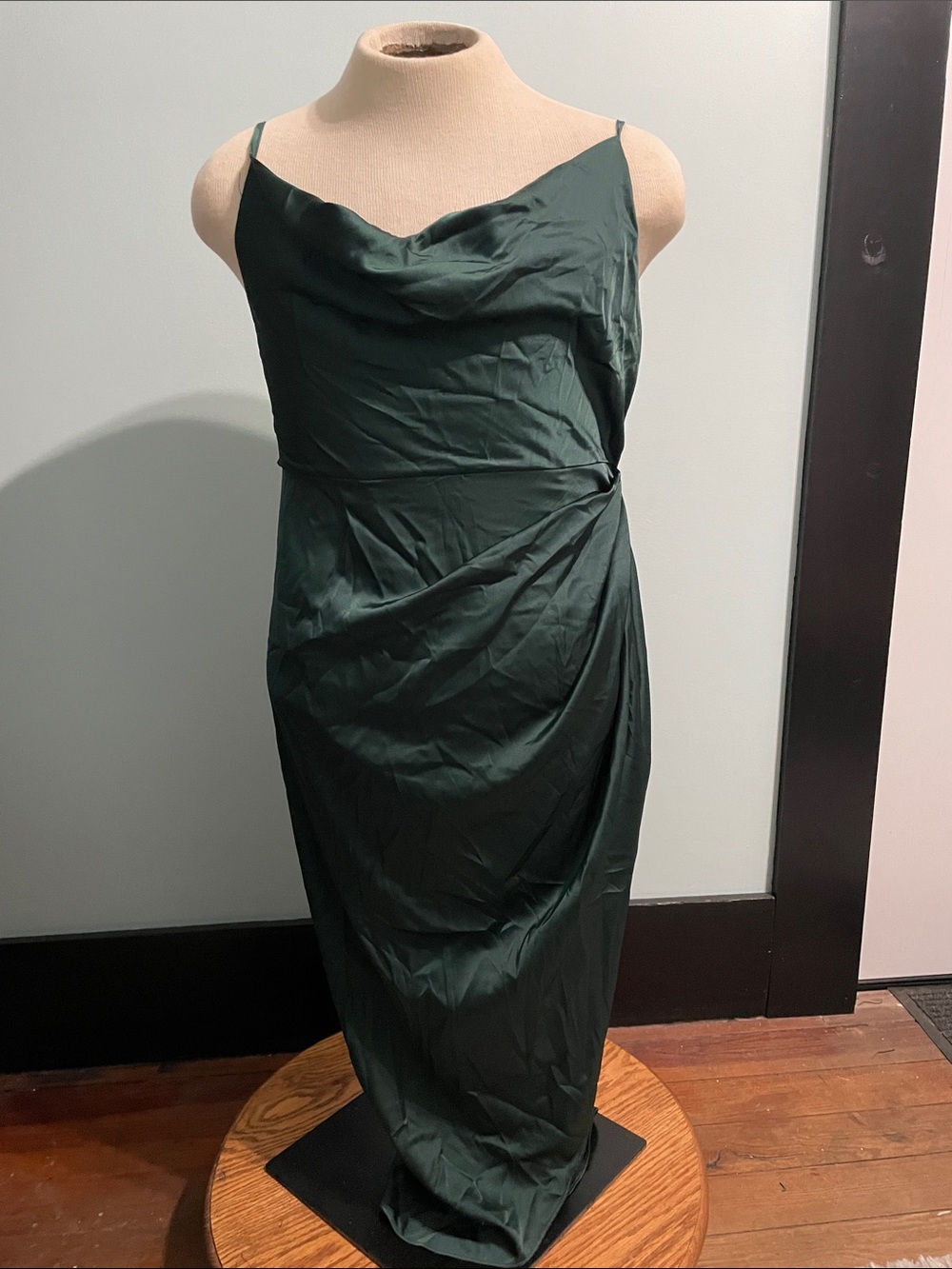 Shein Ruched Slit Dress Large 8/10 Forest Emerald Green Cowl Neck